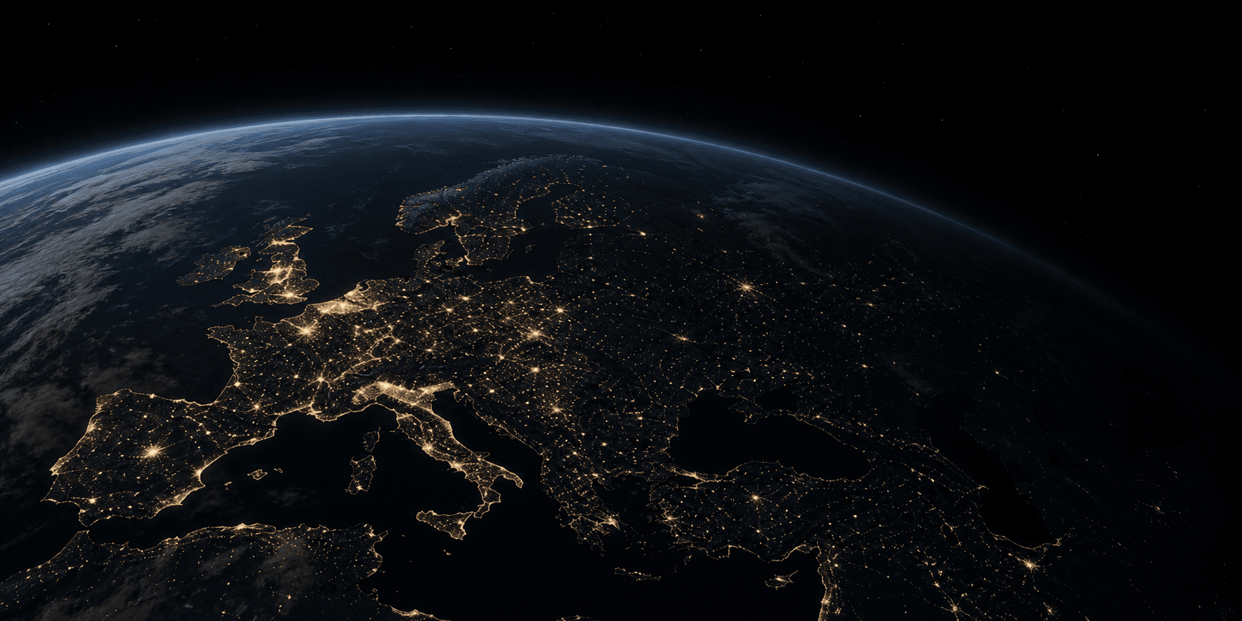 Orbital night view of Europe with Poland and Ukraine visible